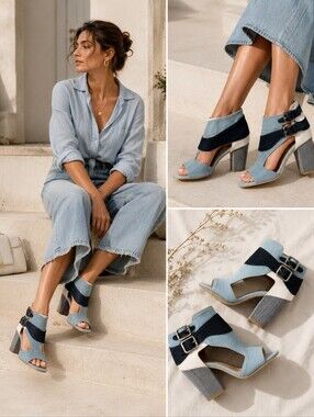 Laurence Dacade Rush Denim Peep Toe Ankle Booties Heels EU 37 US 6.5 Blue Buckle